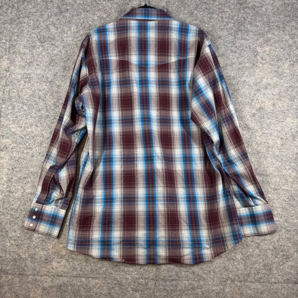 Vintage Wrangler Plaid Western Burgundy Pearl Snap Button Shirt L Tall Cotton - Picture 12 of 14